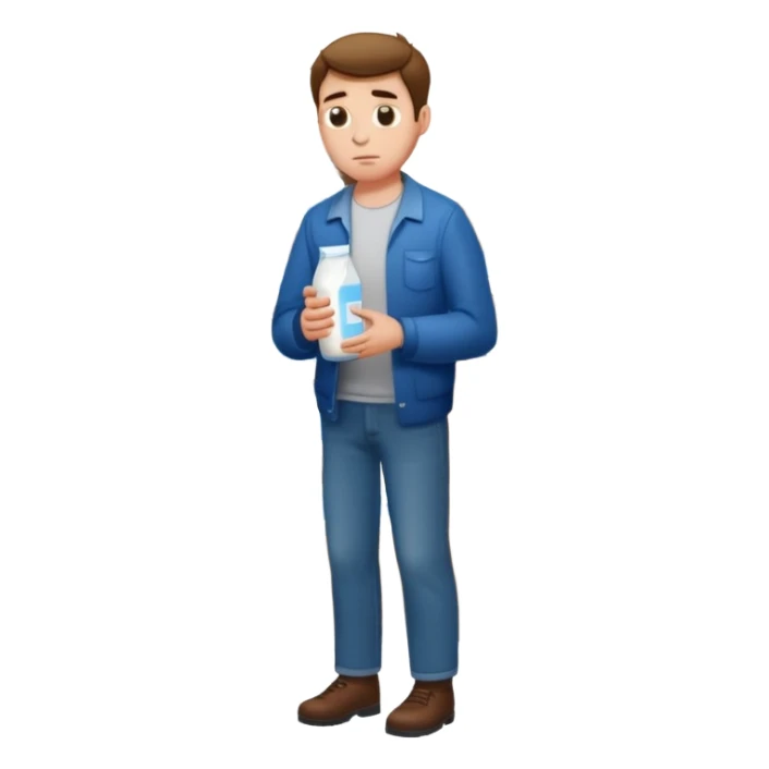 sad man full body buying a milk sticker