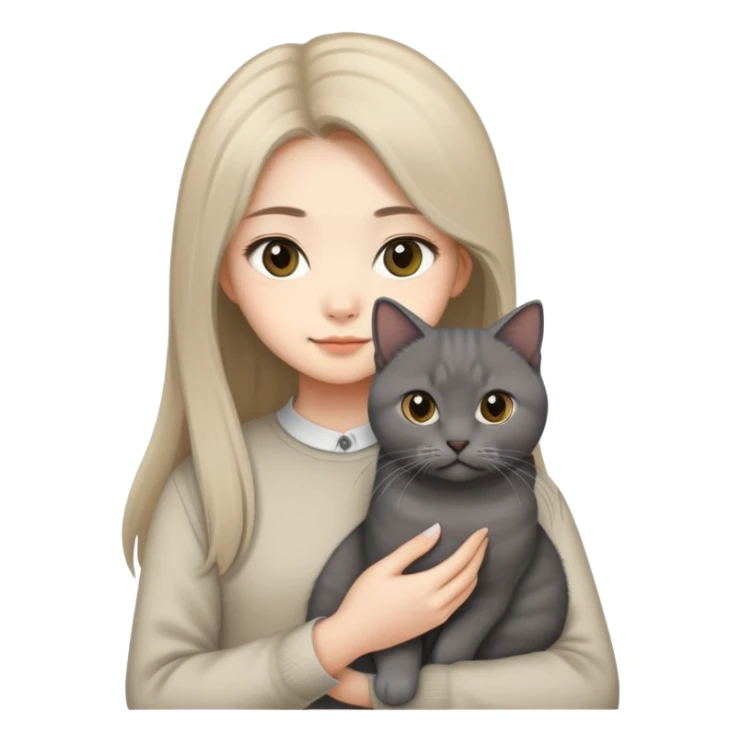 Asian girl beige long hair holding dark grey British short hair cat sticker