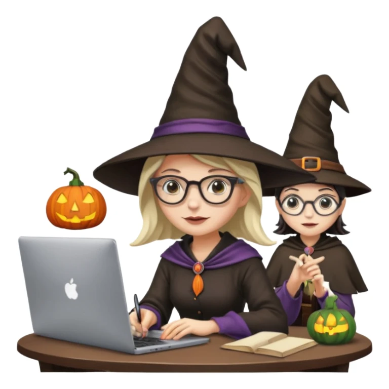 A female video editor wearing glasses, dressed like a witch with a pointed hat, sitting at a laptop editing a video, cinematic lighting, cozy creative studio, professional look, high quality, realistic sticker