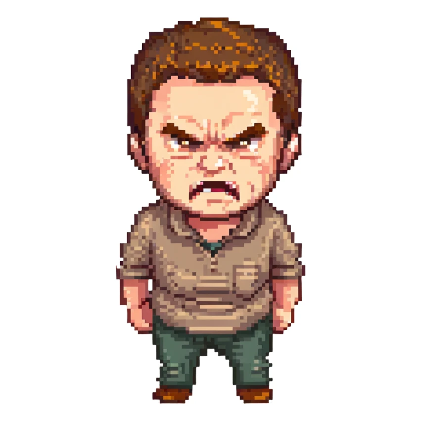 middle-aged man with short brown hair and angry expression, pixel art style sticker