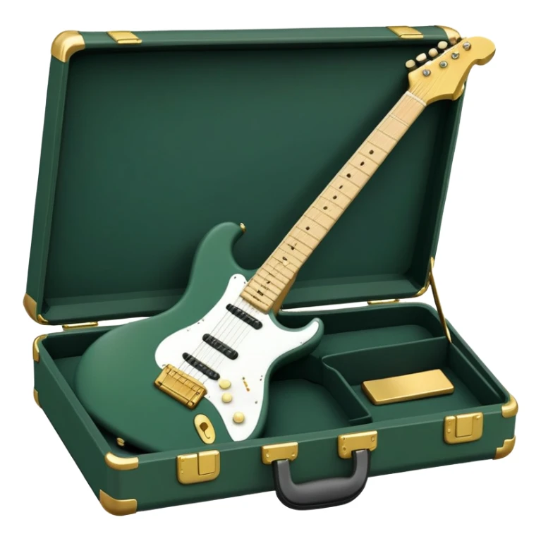 minimalist electric guitar in dark green, closed inside a black rectangular hard case with gold latches, soft matte textures, simplified details, compact artistic look sticker
