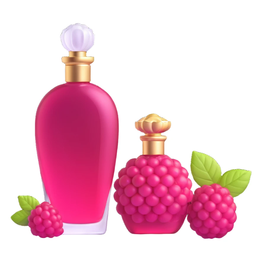 AVON women's perfume bottle next to a raspberry-shaped bottle sticker