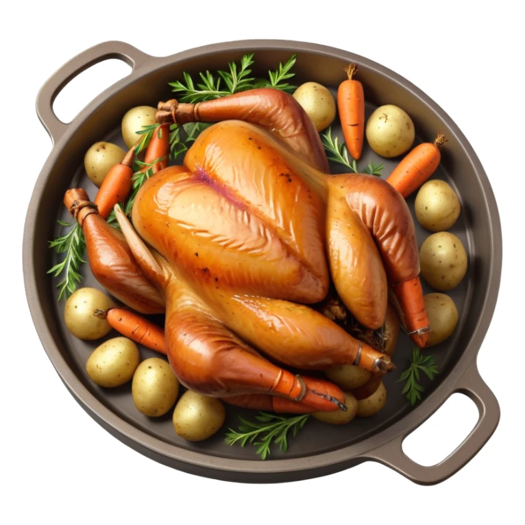 roasted turkey in a baking tray, golden brown crispy skin, whole turkey surrounded by vegetables, oven-baked meal presentation, juicy texture, warm food lighting, 3D cartoon style, mobile game icon style, centered composition, clean background, no text, no watermark
 sticker