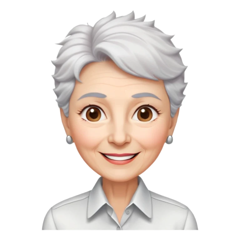 Senior version of Marian Pabón with defined facial structure, light pinkish skin showing age, almond eyes, arched eyebrows, charismatic wide smile, short spiky white-gray hair, more pronounced aging features, wearing a formal white buttoned shirt sticker