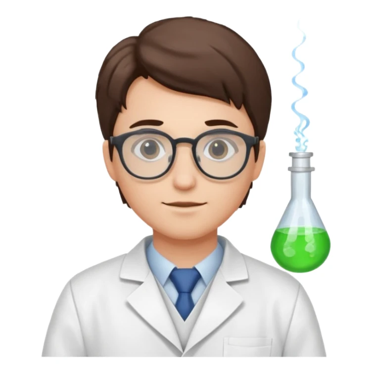 Portrait of a young scientist wearing a white lab coat, glasses sticker