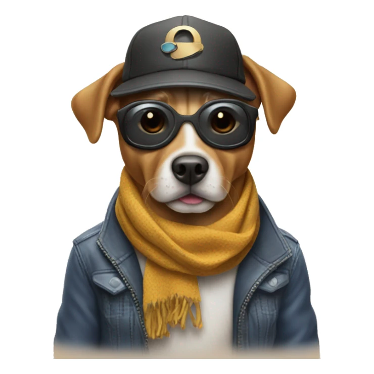 A dog wearing a scarf with a hat with some sunglasses with some goggles and with some pop pouches sticker