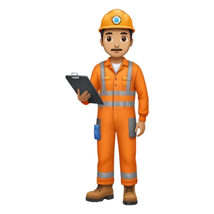 Indian male railway engineer orange overalls, boots holding a clipboard sticker