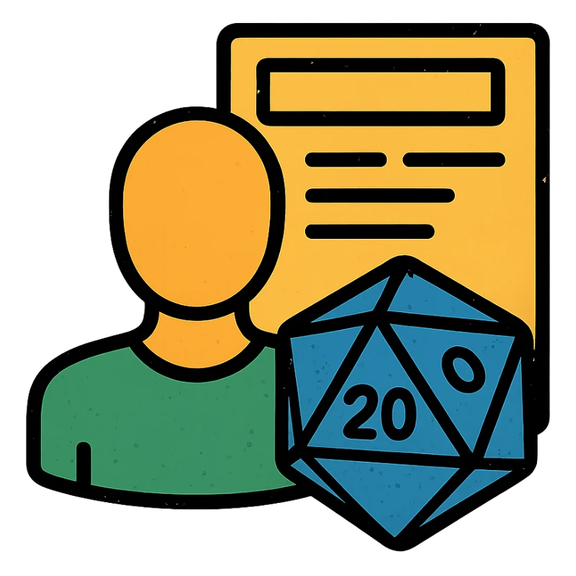 minimalist icon representing Player for DnD TTRPGs with silhouette, D20 dice, or character sheet, worn and distressed look sticker