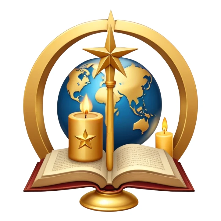 An icon featuring a holy book, a candle, a cross, and Islamic crescent and star, alongside a Buddhist wheel of Dharma, symbolizing religious studies. The design includes a globe with these symbols, representing the diversity of beliefs. Transparent background  sticker