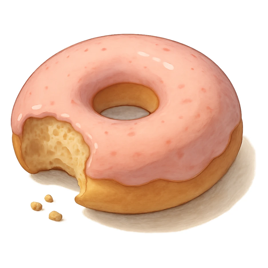 Bitten donut in Ghibli style, detailed, soft colors, with no background sticker
