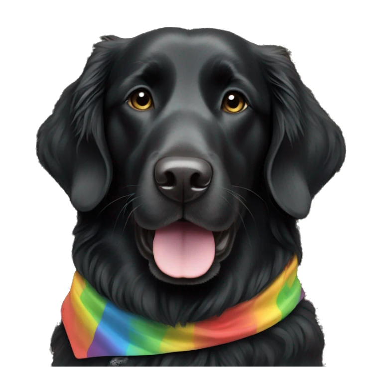 Black Flat coated retriever with small ears wearing rainbow bandana sticker
