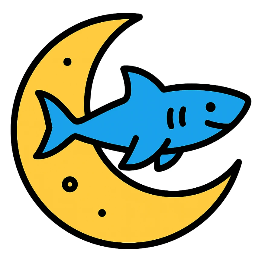 moon with a shark icon in lineal color with black outlines sticker