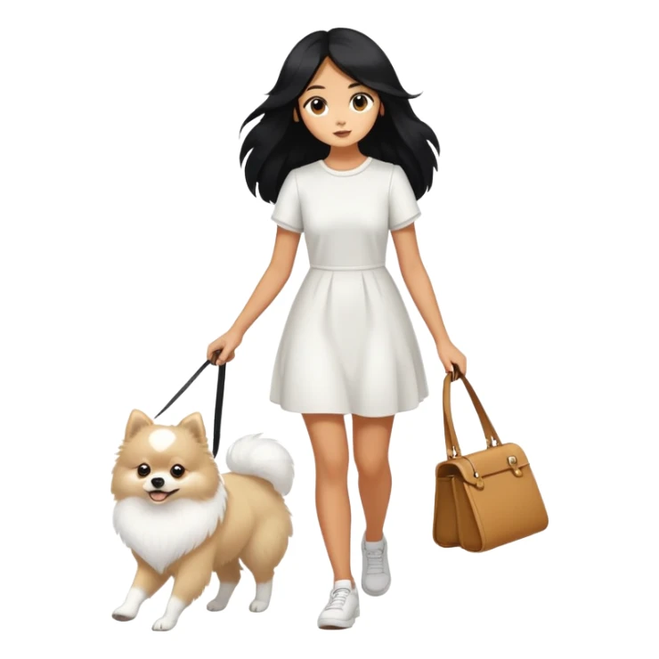 A girl with long black hair walks a white Pomeranian sticker