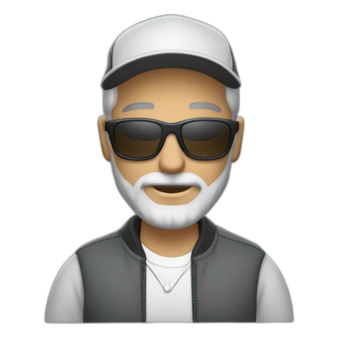 gray-haired man with a beard and mustache in sunglasses wearing a baseball cap on his head in a sports jacket sticker
