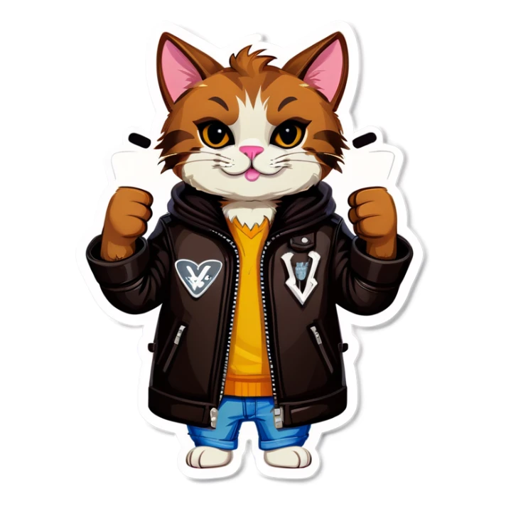 Cool brown cat in leather jacket shows v sign   sticker