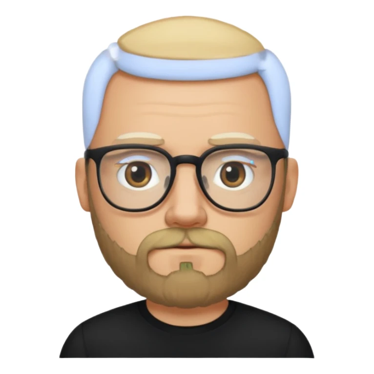 bald blonde bearded man with eyeglasses with black shirt sticker