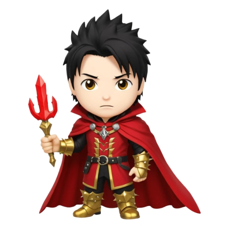 Vincent Valentine from Final Fantasy 7, chibi style, red cloak, golden gauntlet, spiky black hair, mysterious expression sticker