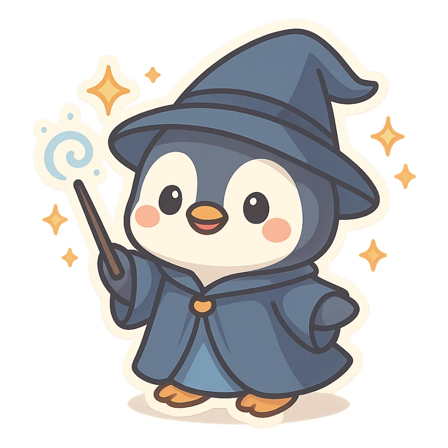 adorable penguin wizard, casting a spell, sparkles, blue robe, fantasy style sticker