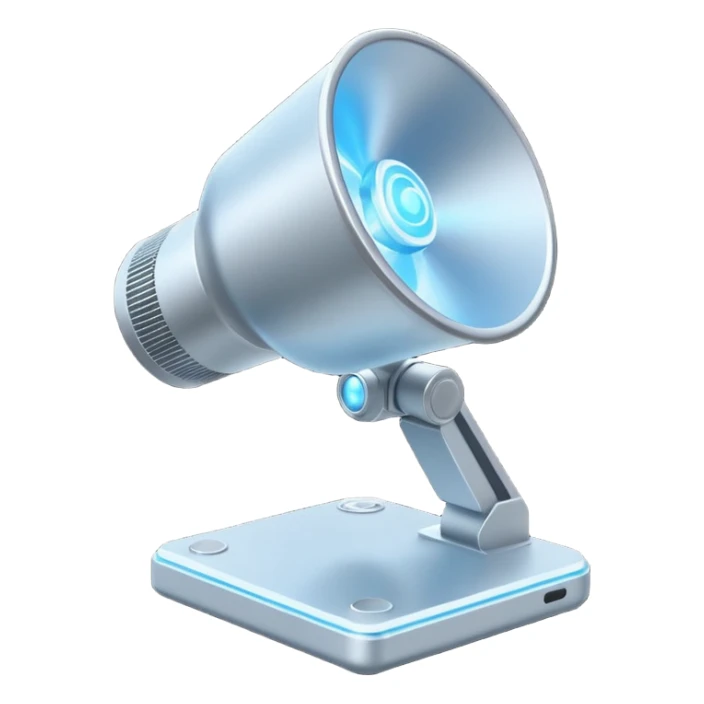 Flat emoji of a wrist-mounted hologram projector emitting a soft blue light cone, simple shapes, modern sci-fi style sticker