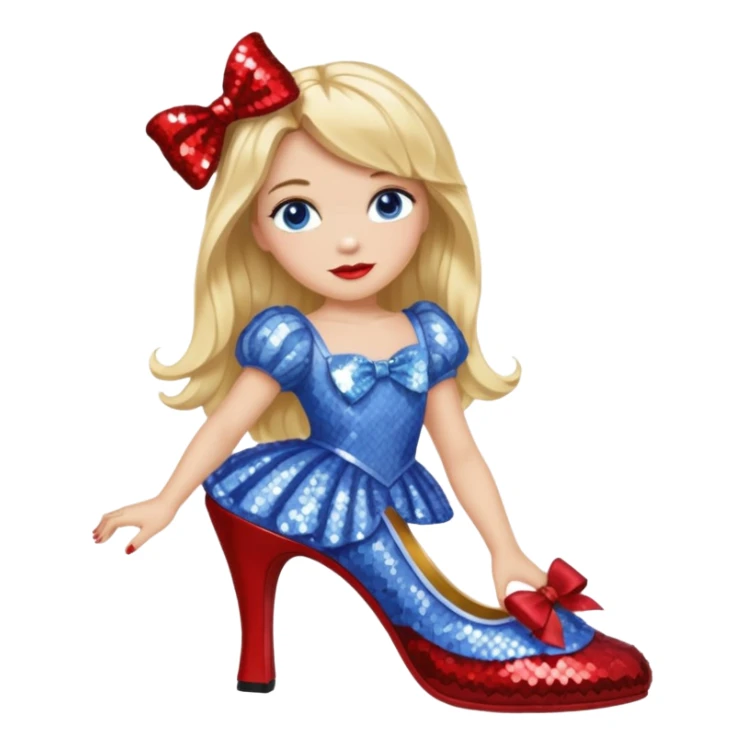 Dorothy Gale from Oz with long blonde hair, periwinkle sequin outfit, red bow sticker