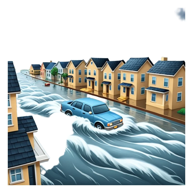 showing a flood disaster scene with strong water waves overflowing streets, partially submerged houses and cars, dark cloudy sky sticker