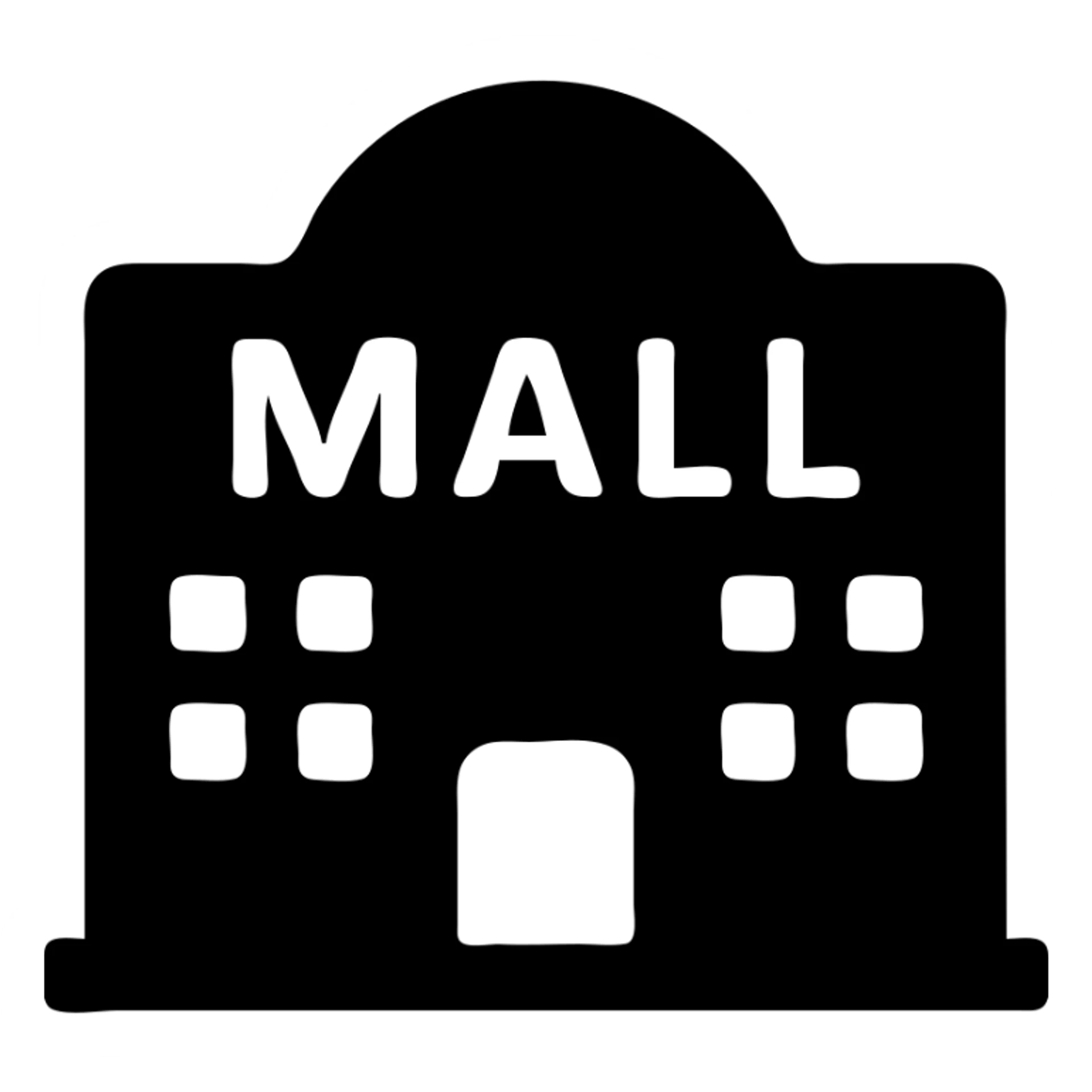 minimalist silhouette of a shopping mall, solid black fill, modern style sticker