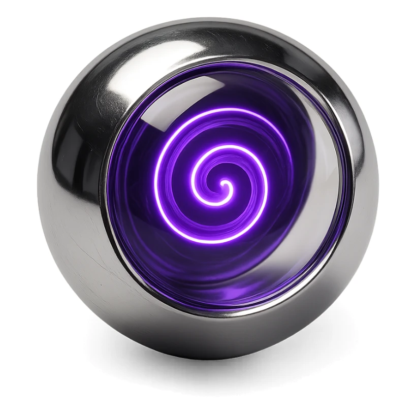 translucent chrome sphere with a glowing purple spiral suspended inside, highly reflective and futuristic sticker