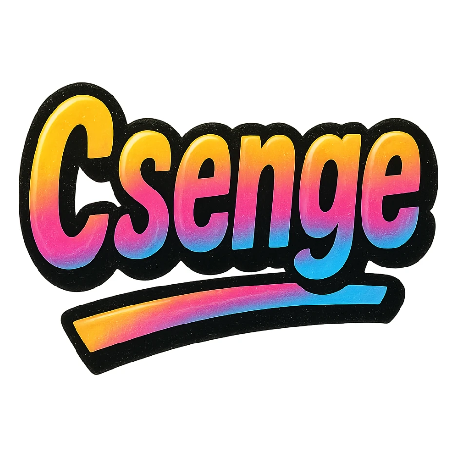Csenge name in modern colorful gradient font with dark outline, dynamic slanted or partial underline, transparent background, in the style of reference patterns sticker