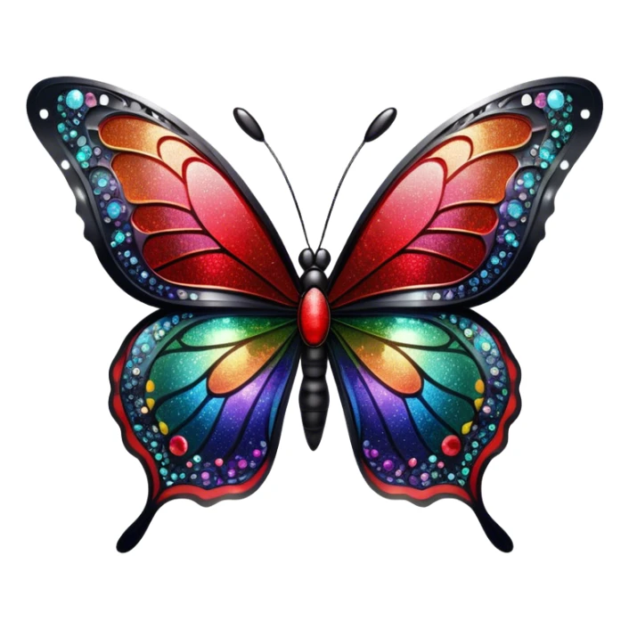 sparkly black and red glittery iridescent rainbow transparent butterfly with detailed intricate patterns sticker