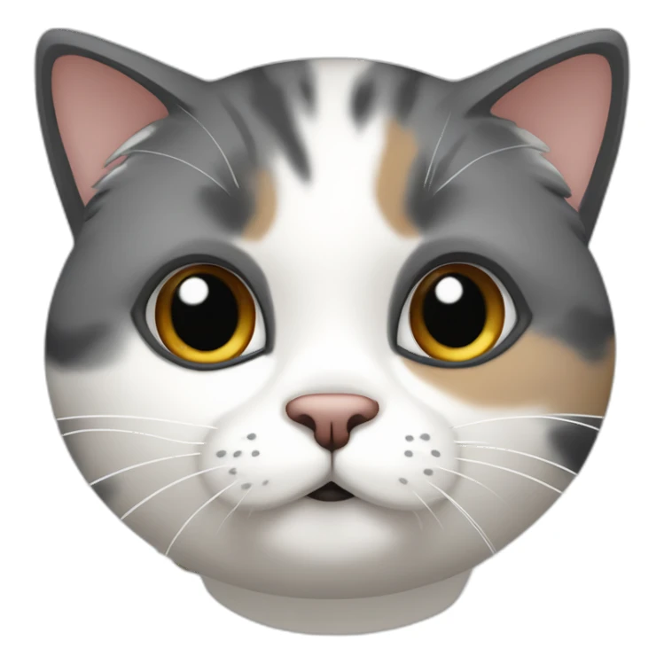 senior chubby diluted calico cat, white chin, black nose, grey ears, grey and white sticker