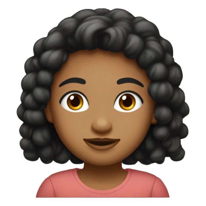 uma menina dos olhos pretos redondos e um pouco grandes e com pouquinha olheira, cabelos médios liso preto, lábios um pouco finos, blusa bege até o pescoço, sorriso quadrado sticker