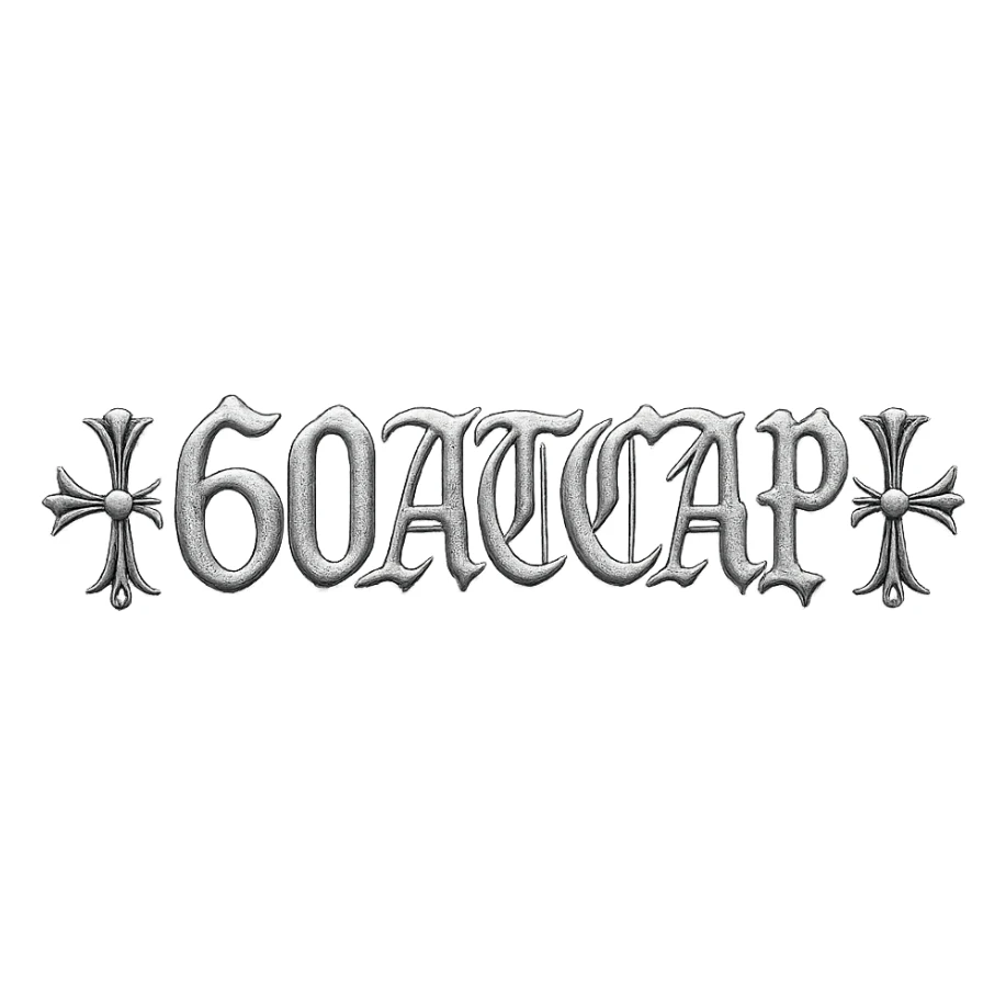 sticker featuring '60ATCAP' in Chrome Hearts style, ornate gothic font, chrome metallic look, intricate embellishments sticker
