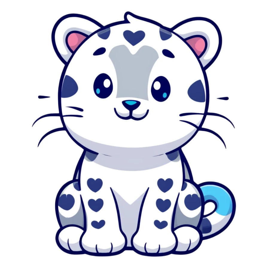 snow leopard with blue fur, white spots, and a heart sticker