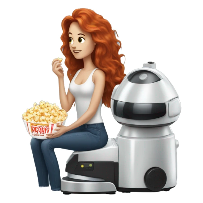 A long haired redhead lady eating popcorn sitting next to a robot vacuum  sticker