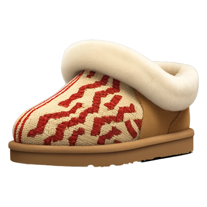 Ugg Camel slip-on slippers. A thin red zig-zag woven line only circling on ankles, VERY chunky platform sole. sticker