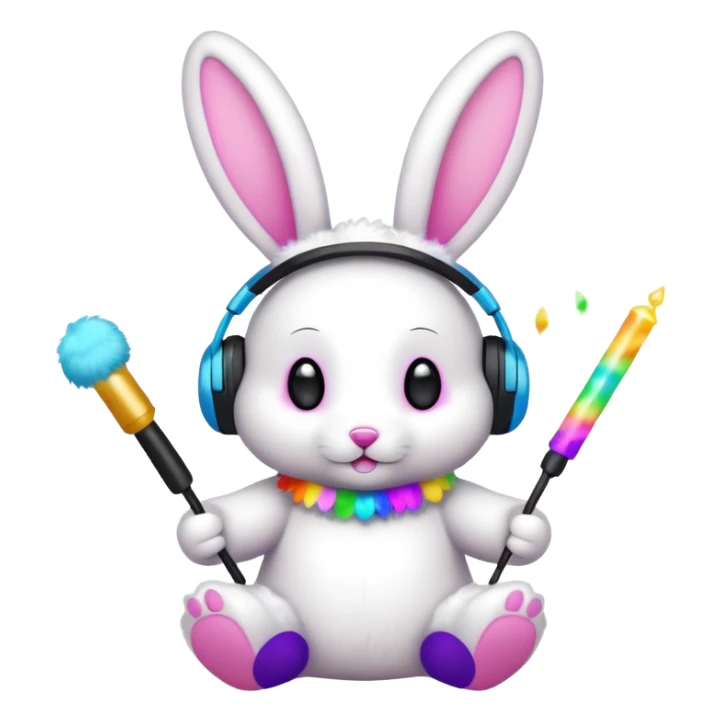 cute rave bunny wearing headphones, holding a glow wand, surrounded by confetti, festive mood sticker