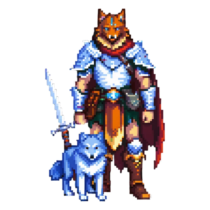 8-bit fantasy warrior standing beside loyal wolf companion sticker