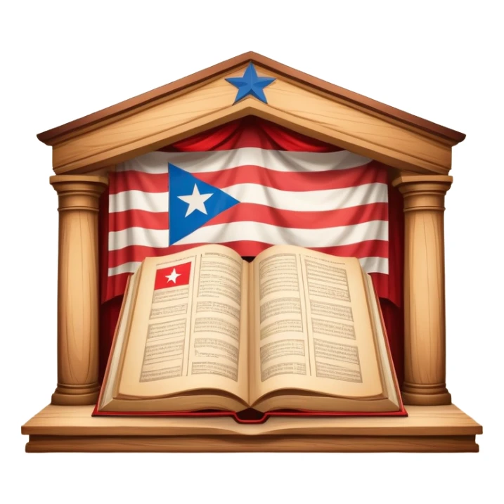 Timeless open book with visible pages of hand-drawn theater backdrop sketches, stage layouts and set designs, Puerto Rican flag motifs integrated throughout, wooden cover with theater symbols, warm light sticker