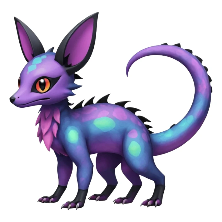 Rare epic aesthetic iridescent spooky gloomy colorful Salandit-Noibat-Eevee-Genet-species-Fakemon-hybrid-creature, with markings, full body sticker