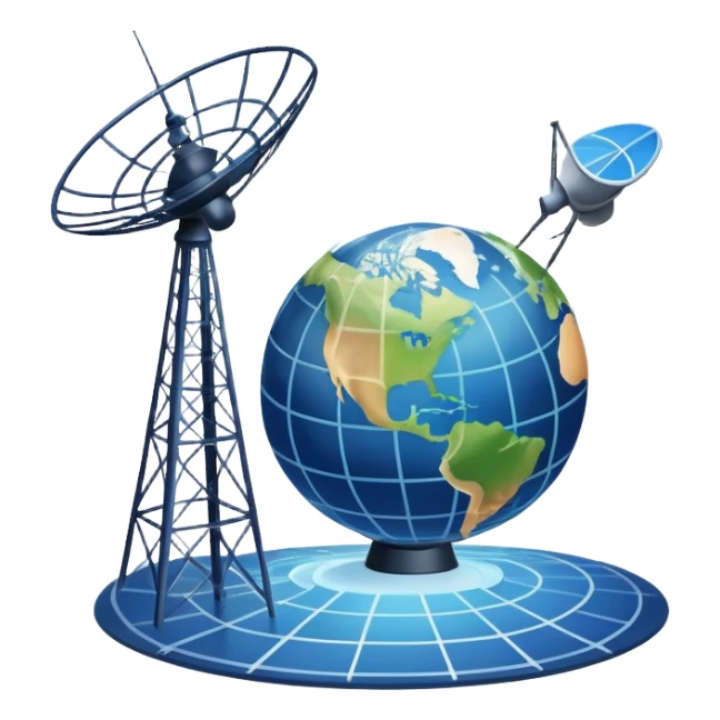 An icon featuring a satellite dish, cell tower with signal waves, and an earth, connected by lines, symbolizing telecommunications. The design includes data signals, network nodes, and a mobile device, representing global digital communication. Transparent background sticker