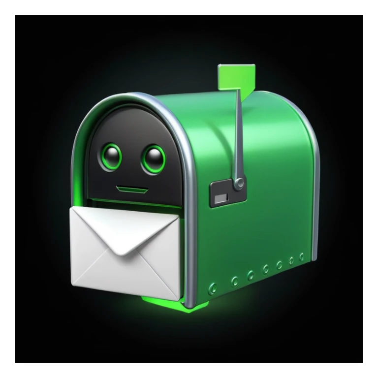 green mailbox robot, slightly smaller object in the center, black background, glowing green details, white envelope with code inside, modern tech aesthetic

 sticker