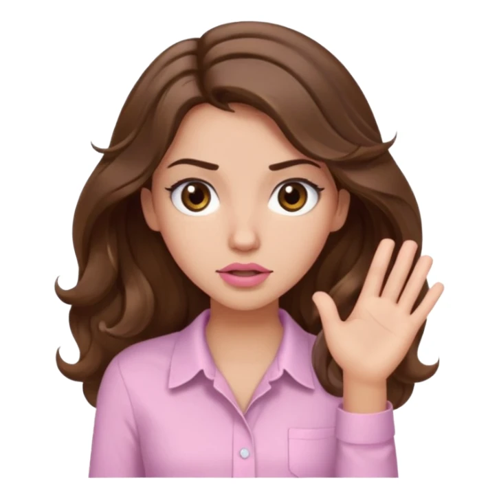 girl with wavy long brown hair, brown eyes, light to medium complexion, long lashes, light pink lipstick, wearing light pink shirt, shrugging sticker