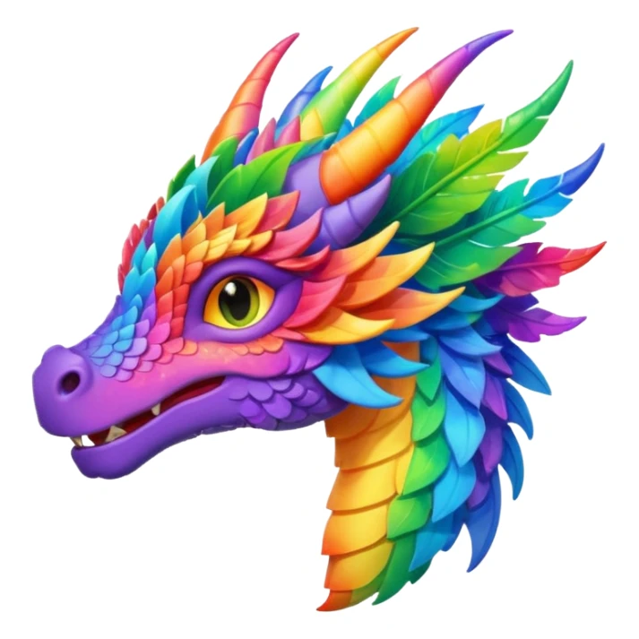 Glory the RainWing dragon's head with leafy frills and shifting rainbow colors, inspired by Wings of Fire, colorful emoji-style illustration sticker