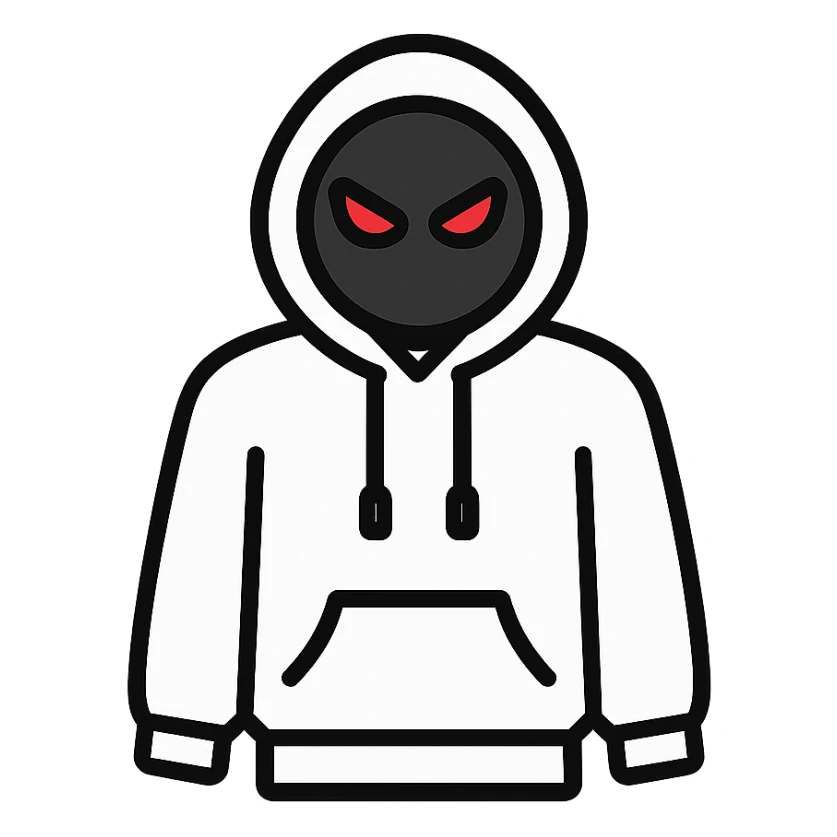 simple white hoodie, black face circle, only red angry eyes, flat icon style sticker