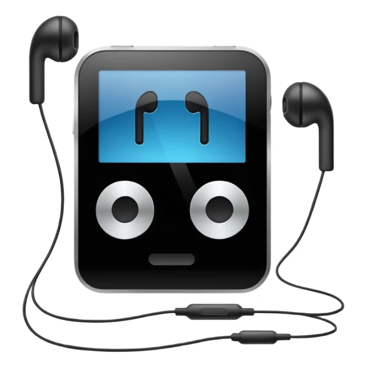Futuristic iPod emoji with earphones, metallic black and white, smooth reflective surfaces, flat minimal vector design, clean UI style sticker