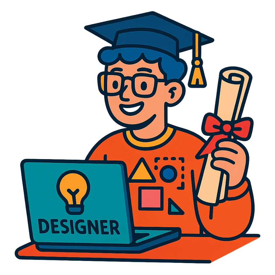 designer education theme, laptop and graduation scroll, vibrant toon style sticker