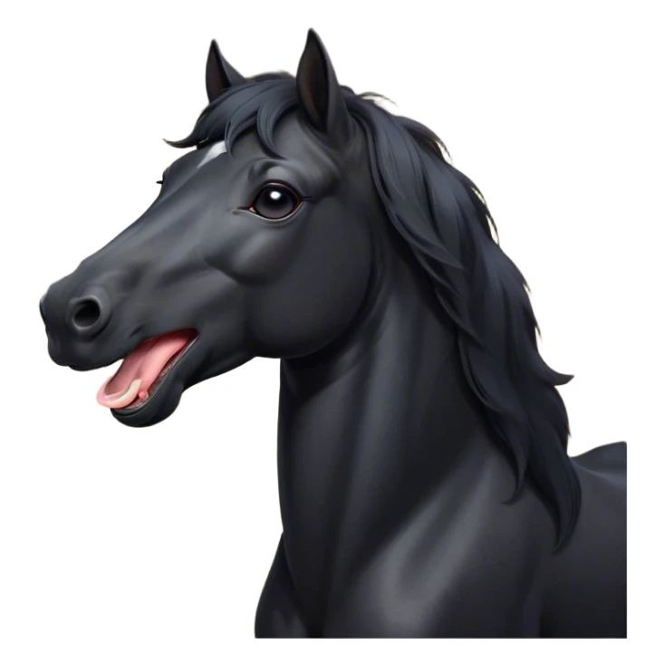 Cinematic Cute Yawning Black Horse Portrait Emoji, Head tilted slightly with a dramatic, wide-open yawn, revealing a soft, sleek black fur with a subtle shimmer, floppy ears slightly drooping, round dark eyes barely open in drowsy contentment, Simplified yet irresistibly adorable features, highly detailed, glowing with a soft, cozy glow, high shine, relaxed yet expressive, stylized with a touch of whimsy, bright and endearing, soft glowing outline, capturing the essence of a sleepy yet affectionate horse, so drowsy it feels like it could stretch out of the screen and curl up for a nap! sticker