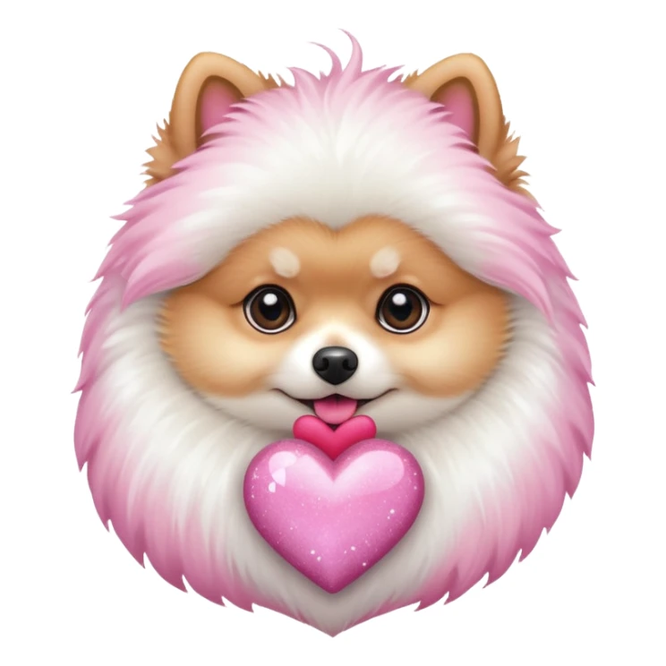 A Pomeranian holding a pink sparkling heart sticker