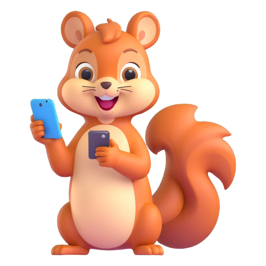 cartoon squirrel with a smartphone, mid-conversation, cheerful expression, emoji style sticker
