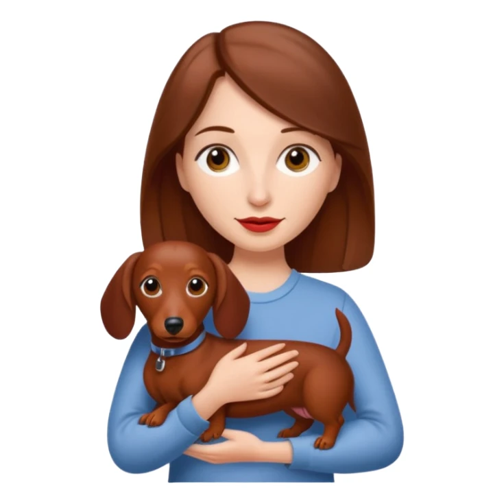 White woman with medium length brown hair holding a red dashound sticker